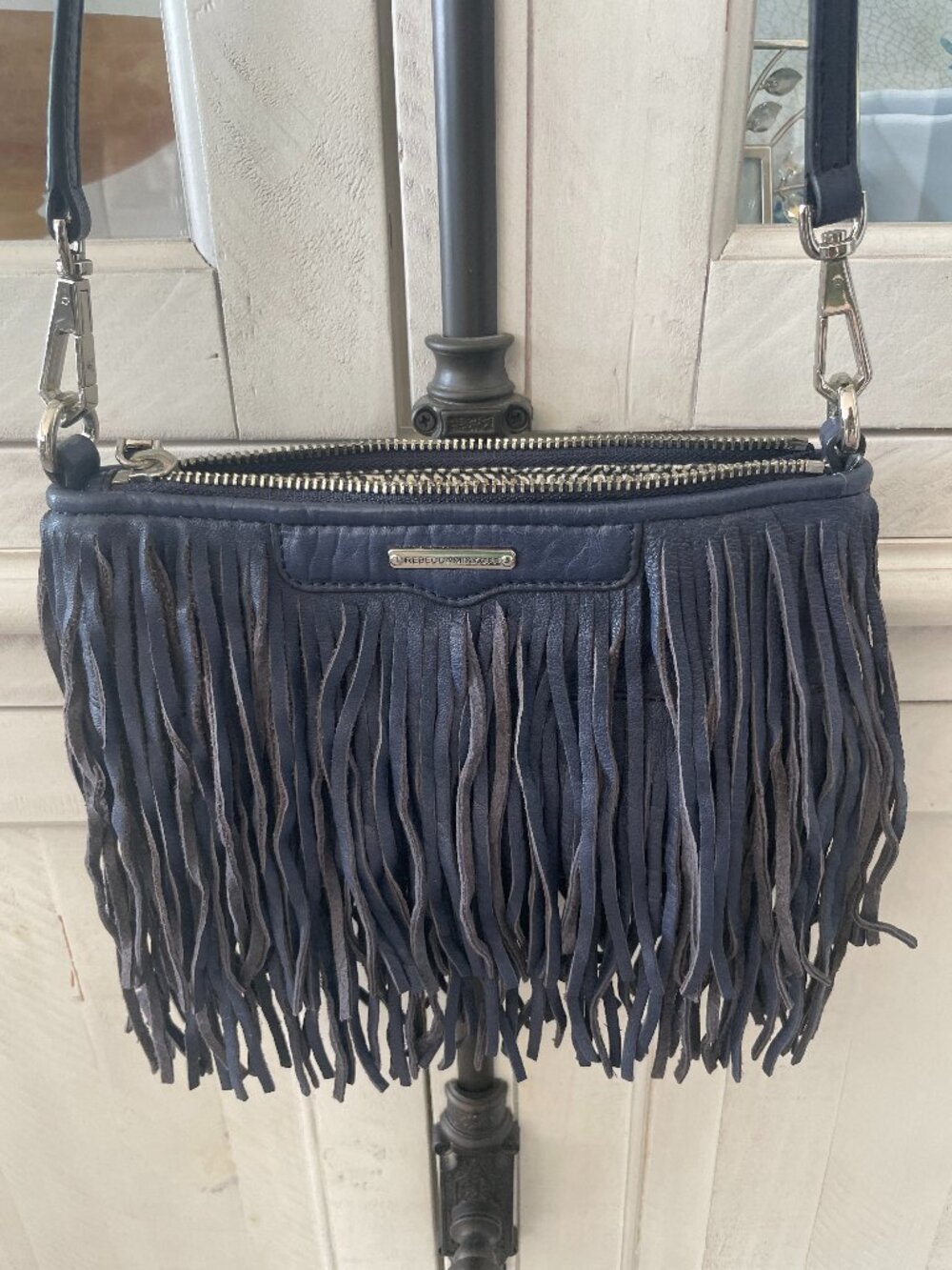 REBECCA MINKOFF FRINGE CROSSBODY BAG NAVY BLUE PREOWNED GOOD CONDITION